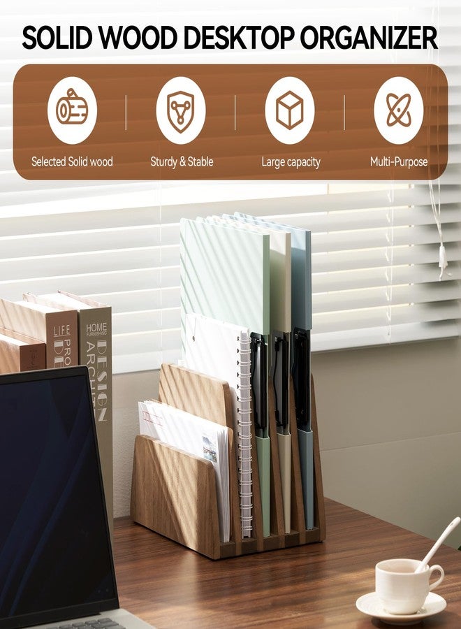 KIRIGEN Wooden Desk Mail Organizer 5 Slots File Paper Holder Desktop Wood Document Letter Holder Organizer for Home Office Dark Brown (5KWJJ-DBR) - Image 2